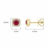 Cushion Cut Ruby & 0.13ctw Diamond Halo Earrings, 18ct Yellow Gold