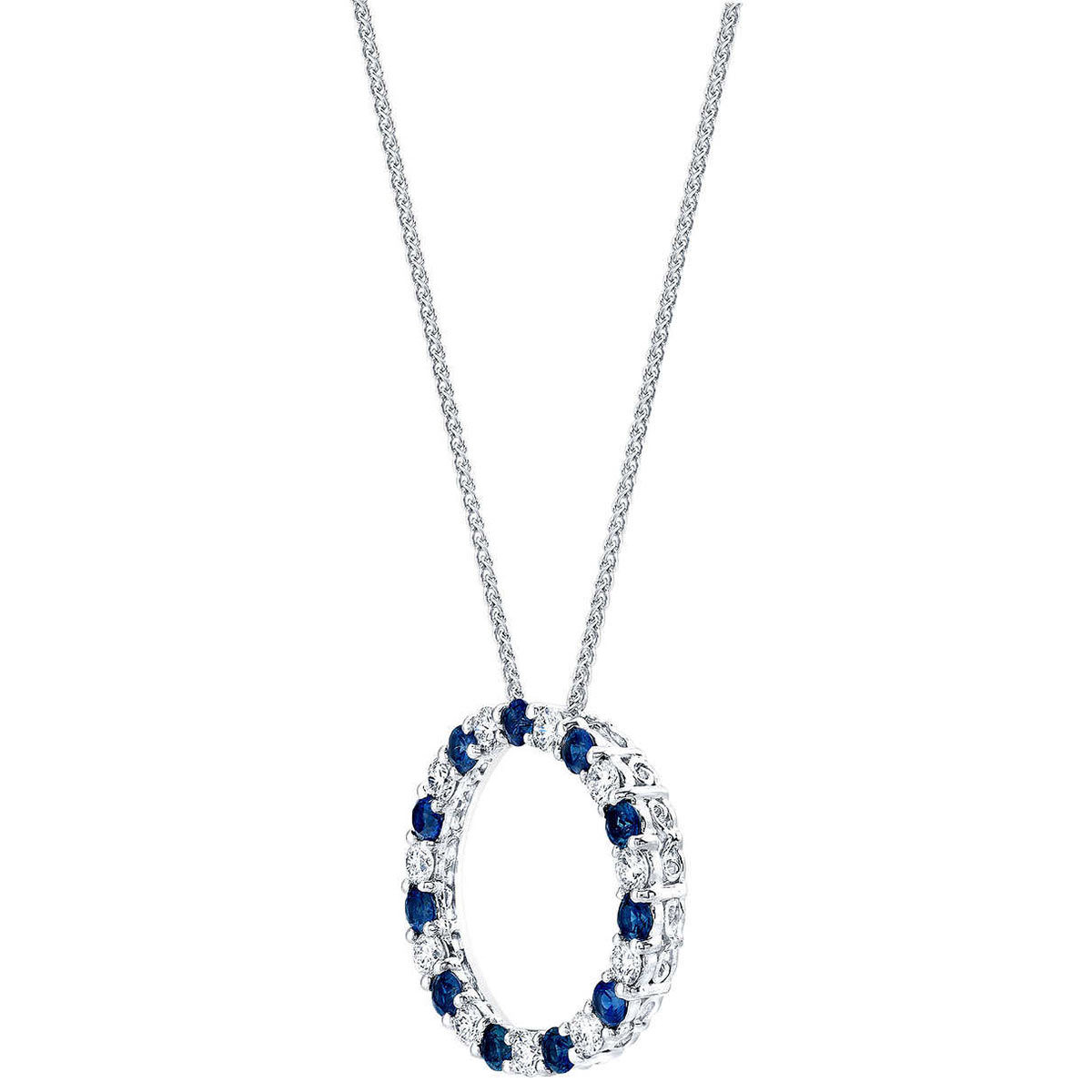 Round Cut Blue Sapphire and 0.66ctw Diamond Circle Pendant, 14ct White Gold