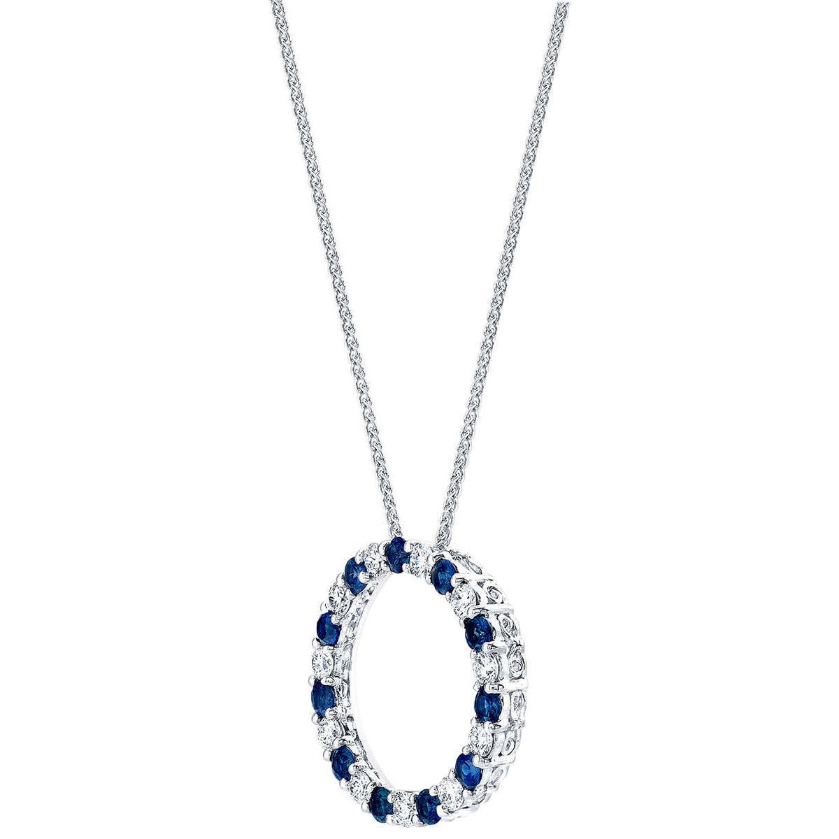 Round Cut Blue Sapphire & 0.66ctw Diamond Circle Pendant, 14ct White Gold