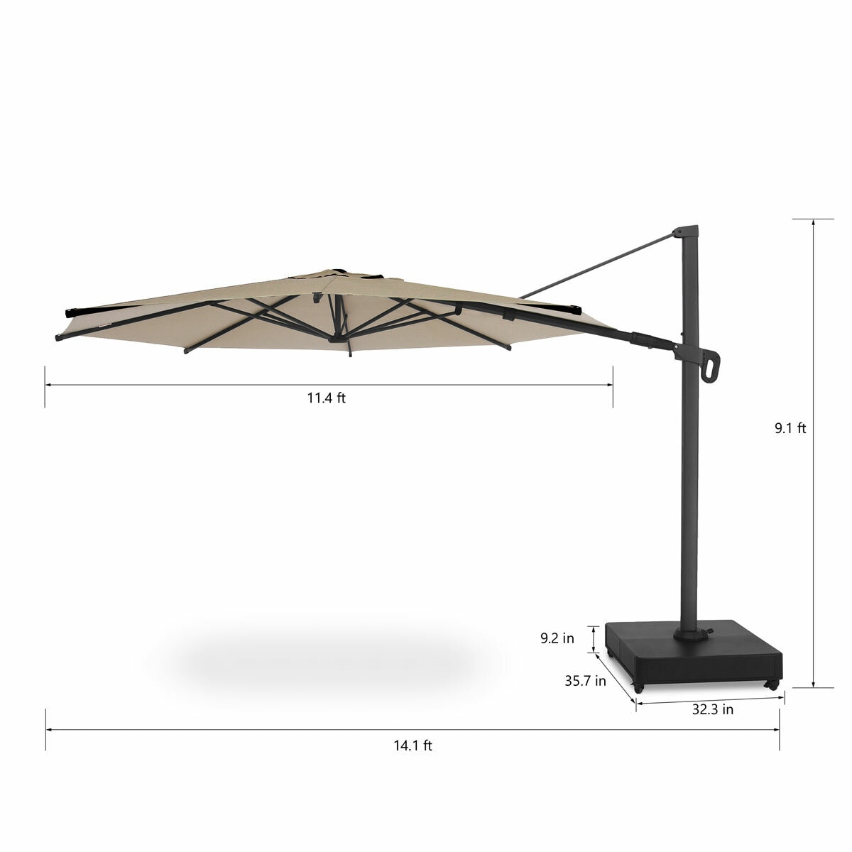 Mirador 11ft (3.3m) Round Cantilever Umbrella with Rolling Base in Beige (non-LED)