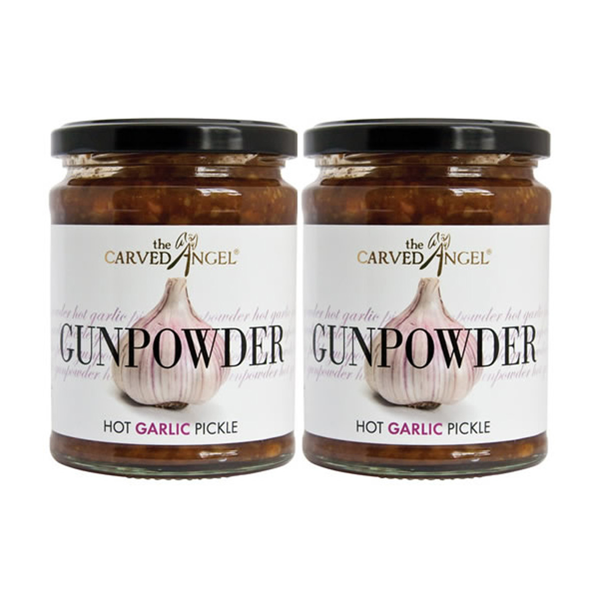 The Carved Angel Gunpowder Hot Garlic Pickle Dual, 2 x 325g Front of Jars