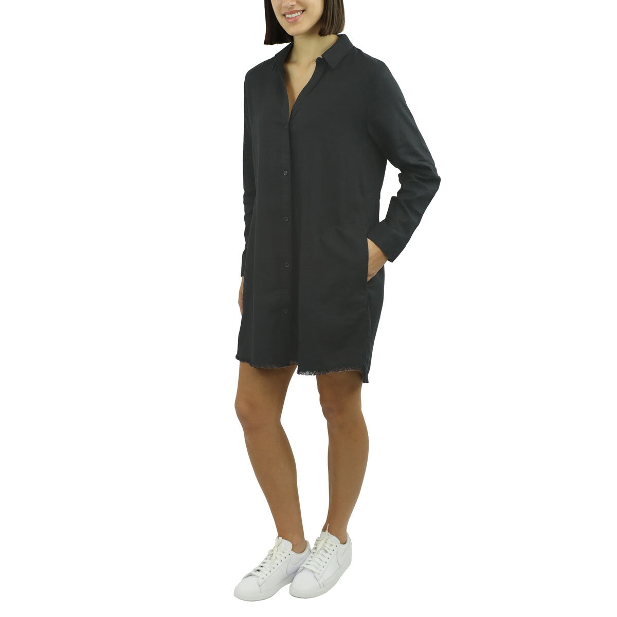 Jachs Ladies Roll Sleeve Linen Blend Dress in Black