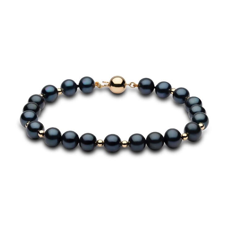 7.58mm Cultured Freshwater Black Pearl and Gold Bead Bracelet, 18ct