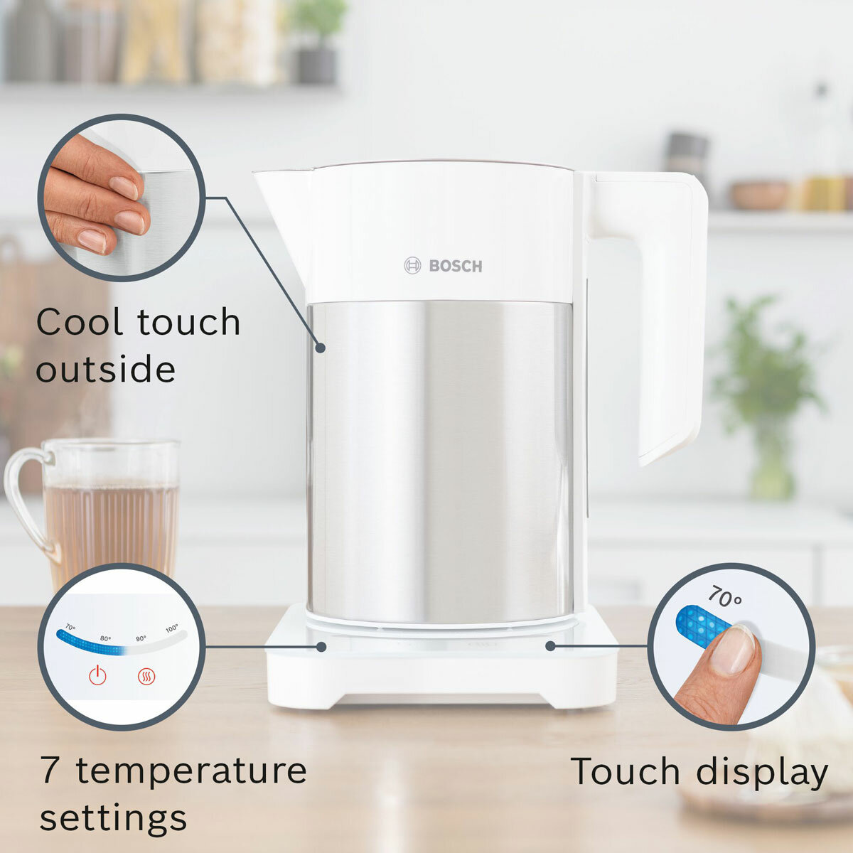 Lifestyle image of Bosch kettle with touch display, 7 temperature settings and cool to touch exterior