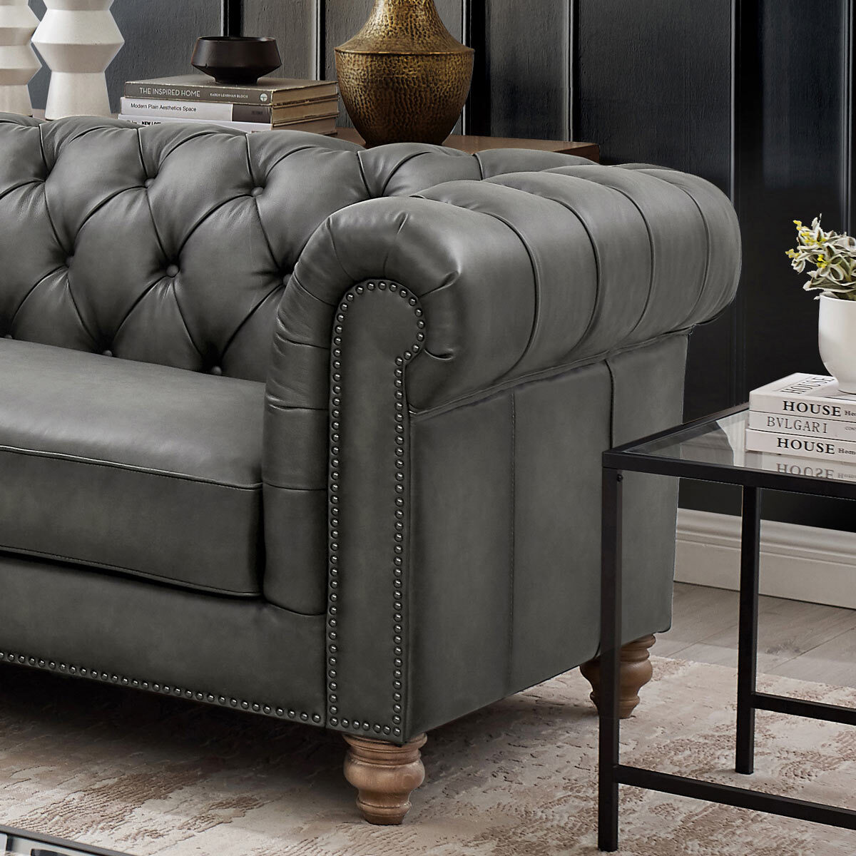 Allington Grey Leather Chesterfield Corner Sofa Costco UK