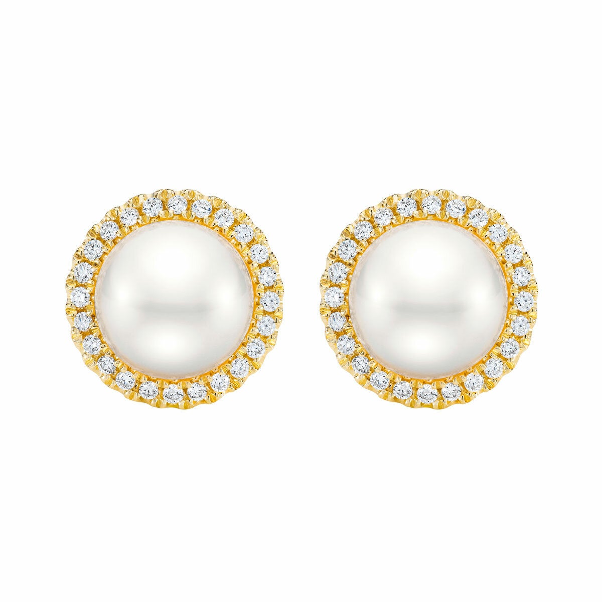 8-9mm Cultured Freshwater White Button Pearl & 0.25ctw Diamond Halo Earrings, 14ct Yellow Gold