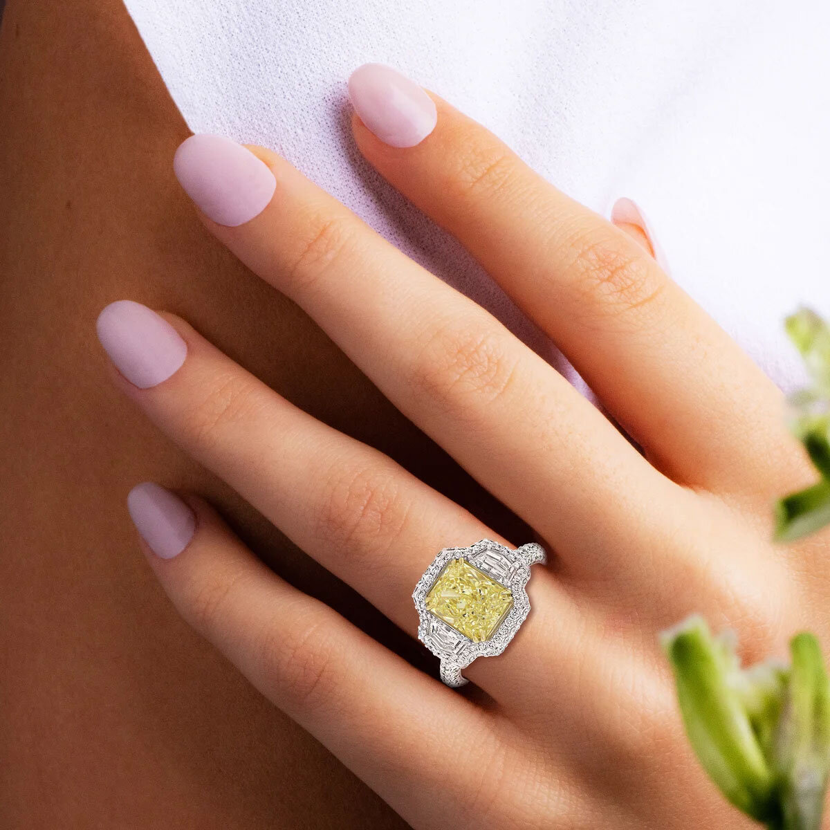4.94ctw Radiant Cut Fancy Yellow Diamond Halo Ring, Platinum