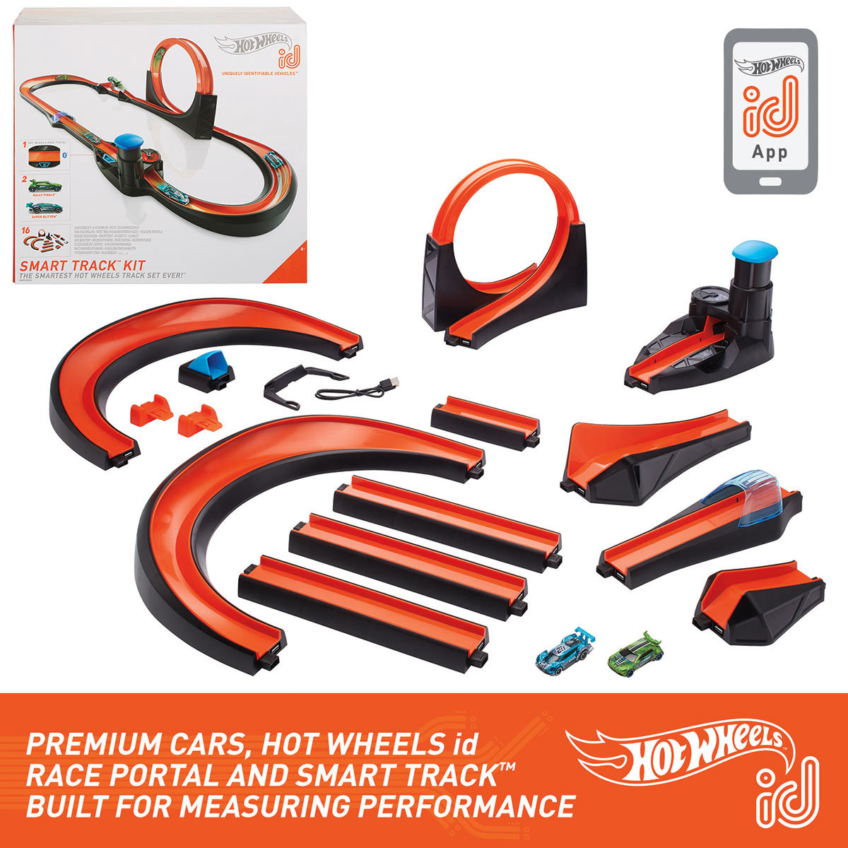 Hot Wheels ID Smart Track 11 tack pieces and 2 cars