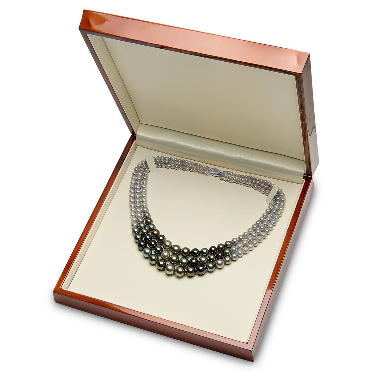 3-10mm Tahitian & Treated Akoya 3 Strand Graduated Pearl Necklace,18ct White Gold