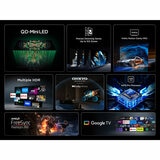 Features are QD-MINI LED, PRECISE DIMMING, 144HZ MOTION CLARITY, MULTIPLE HDR, DOLBY ATMOS, AIPQ PROCESSOR, GOOGLE TV