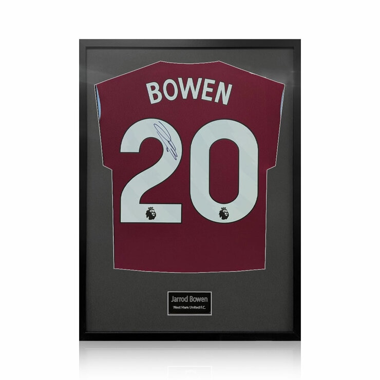 Jarrod Bowen Signed Framed West Ham United Football Shirtin Black Jarrod Bowen Signed Framed West Ham United Football Shirtin Black
