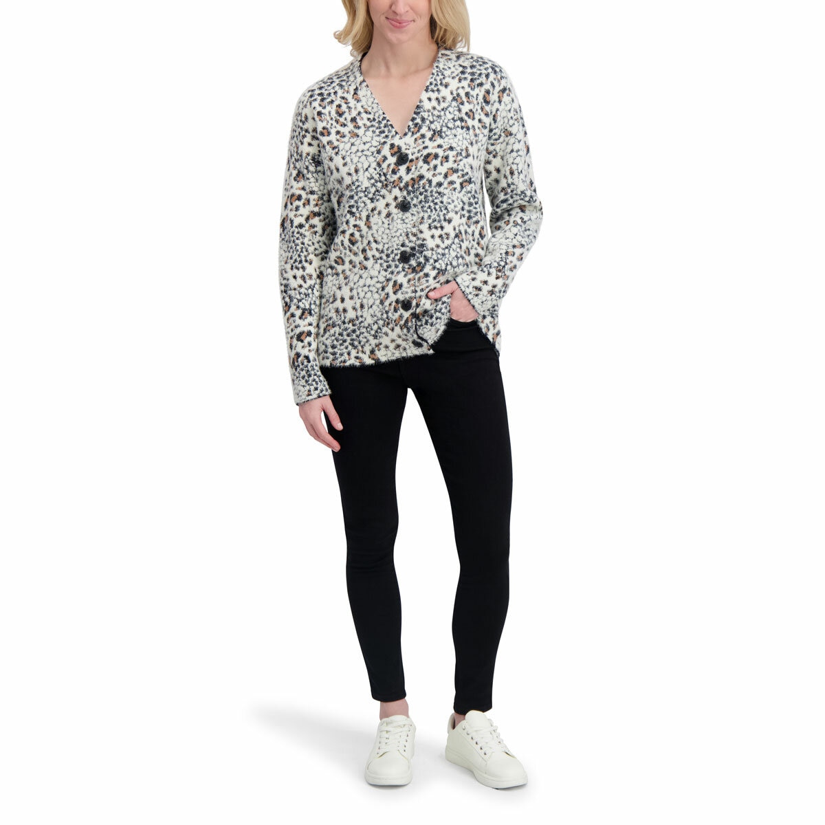 DKNY Ladies Leopard Print Cardigan in Ivory