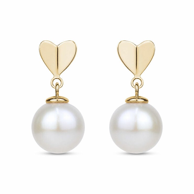 10.5-11mm Cultured Freshwater White Pearl Heart Drop Earrings, 14ct Yellow Gold