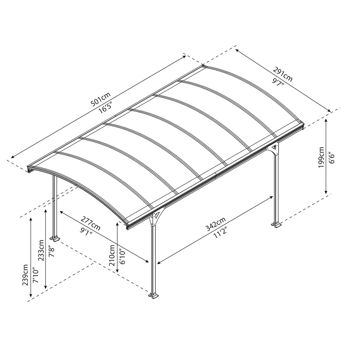 Palram Vitoria 5000 Aluminium and Polycarbonate Carport, Grey line drawing