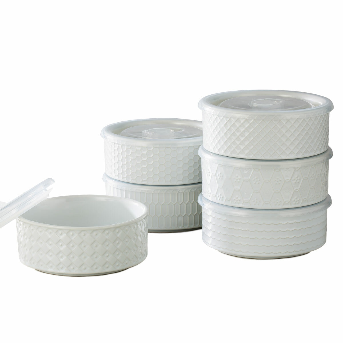 Signature Stoneware Bowls with Lids in White, 6 Pack