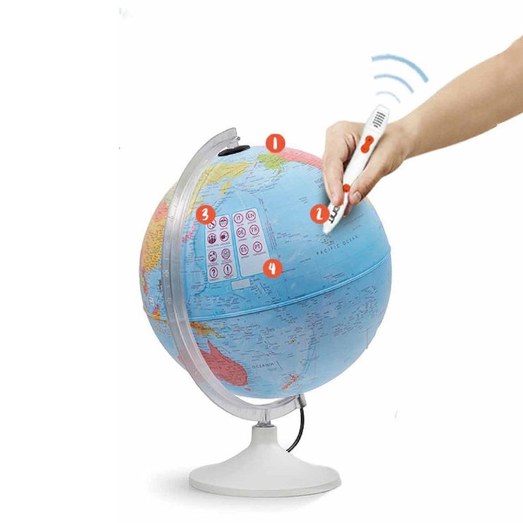 A person usingonteractive pen with the globe A person usingonteractive pen with the globe