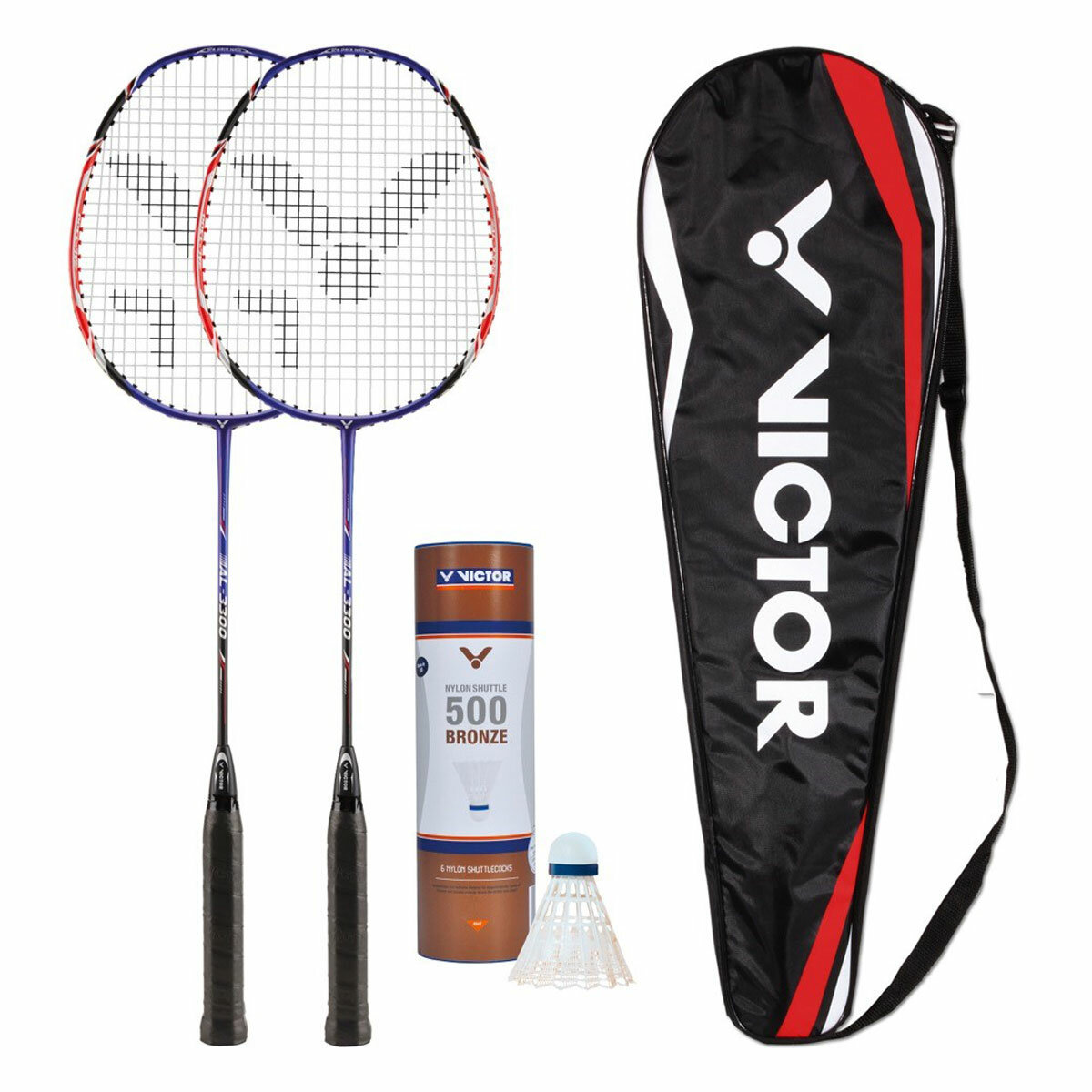 Studio image of the two badminton rackets, tube of 6 shuttlecocks and thermobag cover Studio image of the two badminton rackets, tube of 6 shuttlecocks and thermobag cover