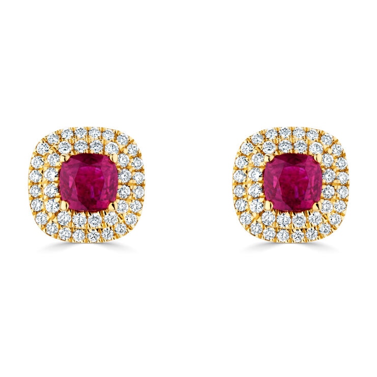 Round Cut Ruby & 0.27ctw Diamond Stud Halo Earrings, 18ct Yellow Gold