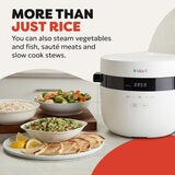 Lifestyle image showing rice cooker use to steam vegtables, fish and saute meats and slow cook stews Lifestyle image showing rice cooker use to steam vegtables, fish and saute meats and slow cook stews