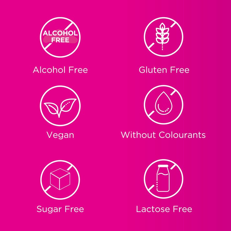 Alcohol Free, Gluten Free, Vegan, Without Colourants, Sugar Free, Lactose Free Alcohol Free, Gluten Free, Vegan, Without Colourants, Sugar Free, Lactose Free