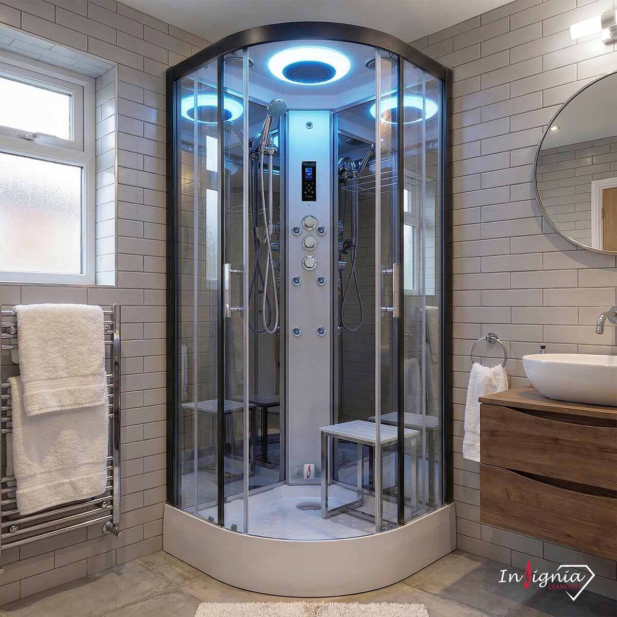 Insignia Diamond 900mm Quadrant Steam Shower with Black Frame
