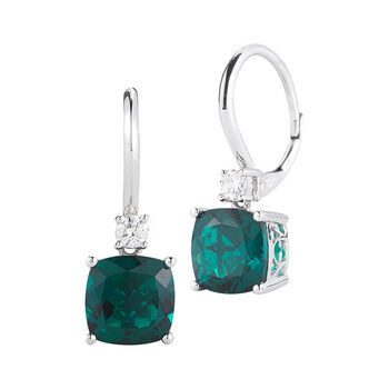 Cushion Cut Lab Emerald & 0.16ctw Diamond Earrings, 14ct White Gold