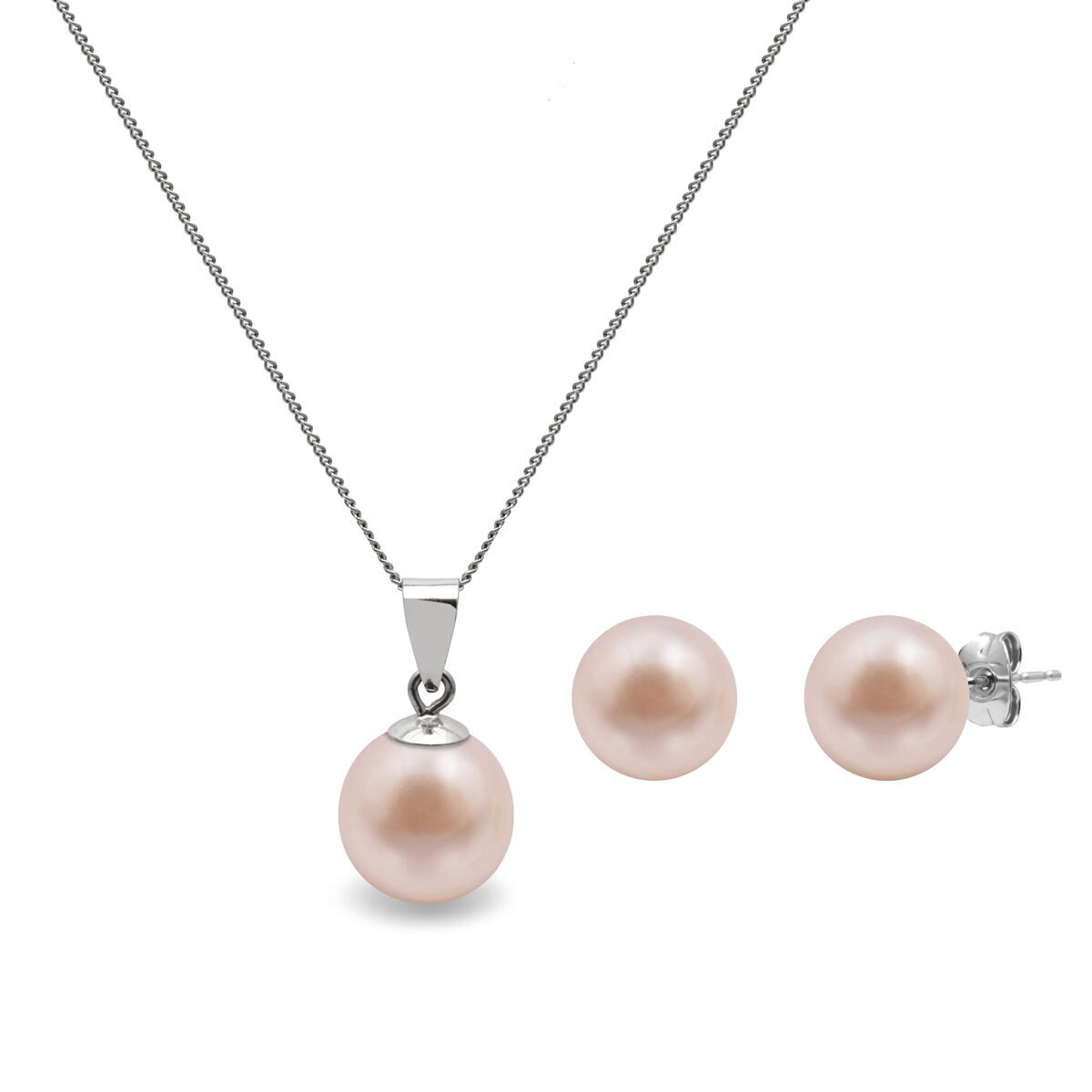 Cultured Freshwater 8.5-9mm Pink Pearl Pendant and Stud Earring Set, 18ct White Gold