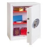 Cut out image of partially opened safe on white background