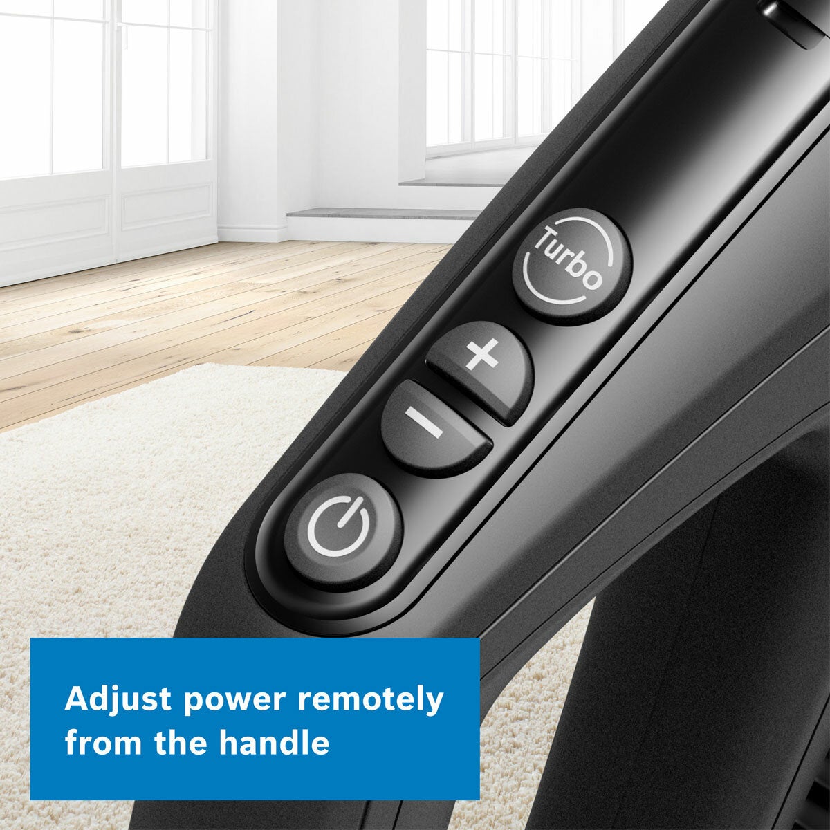 Lifestyle image showing adjusting power remotely from the handle Lifestyle image showing adjusting power remotely from the handle
