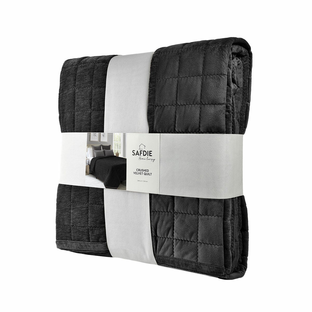 Safdie Crushed Velvet Black Throw , 234 x 244 cm