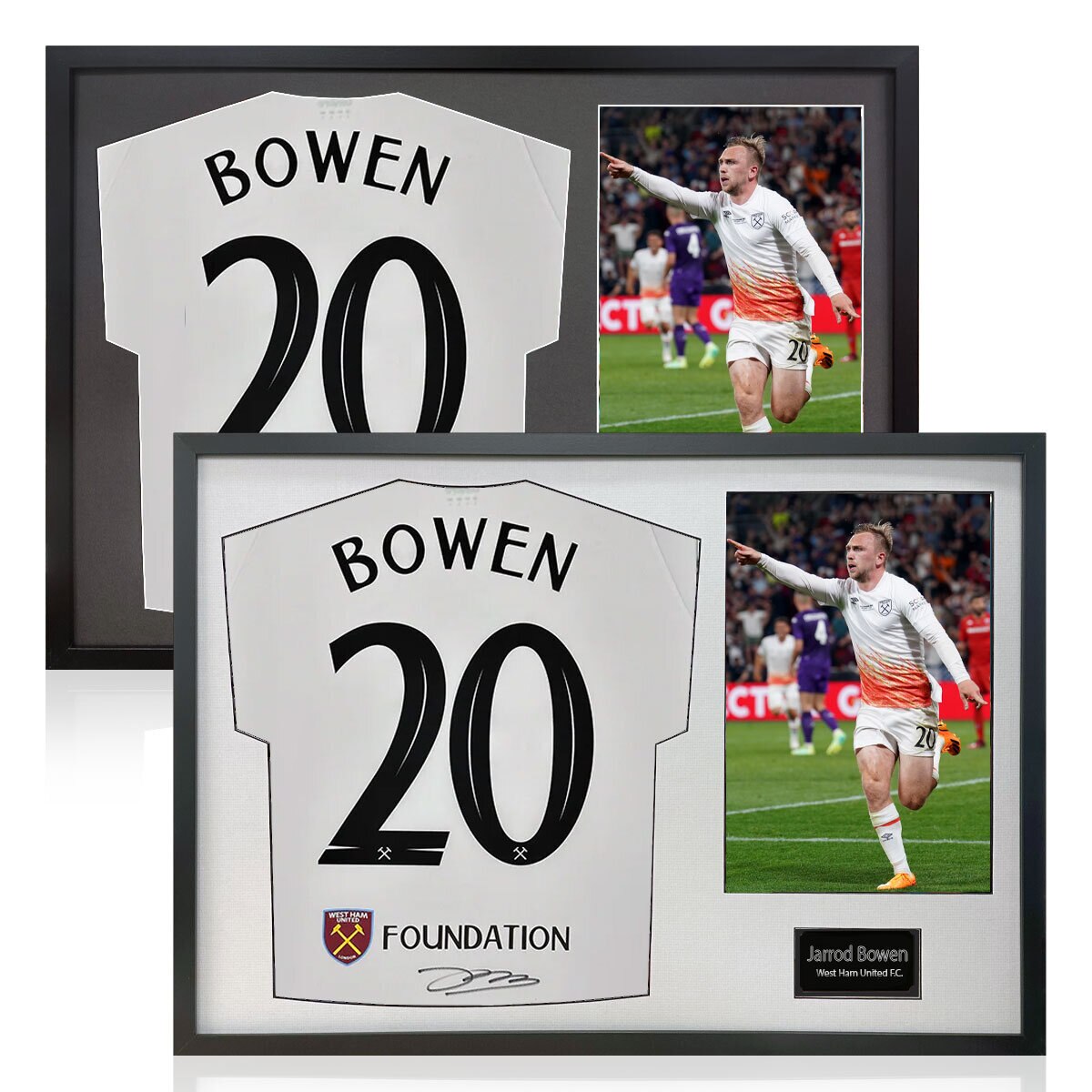Jarrod Bowen Signed Framed WHU Football Shirt including 1 Photo in 2 Options: White or Black Mount