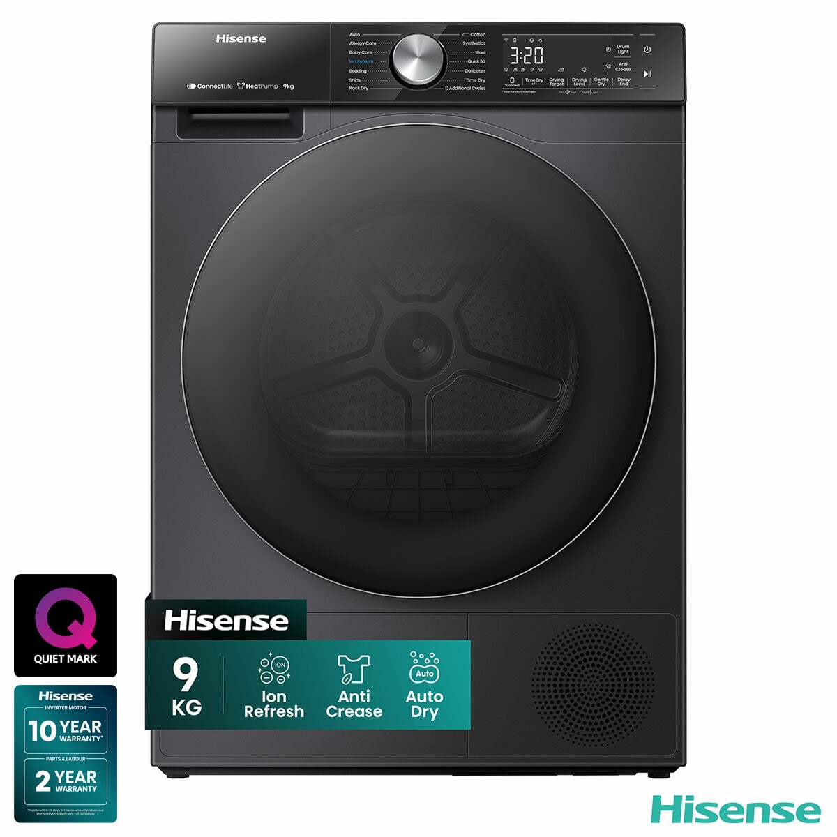 Hisense DH5S902BB, 9kg Heat Pump Dryer, A+++ Rated in Black