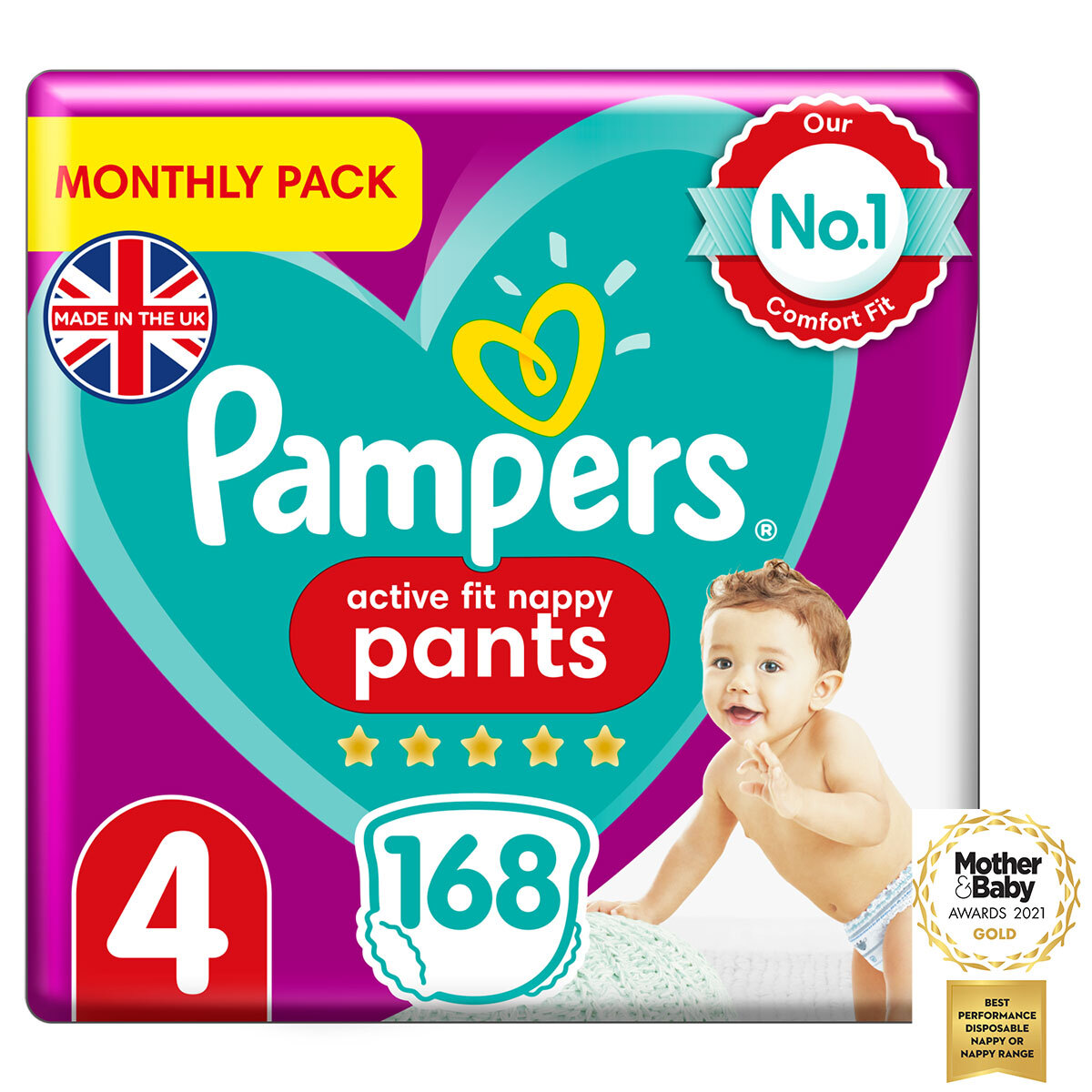 Pampers Active Fit Nappy Pants Size 4, Monthly 168 Pack