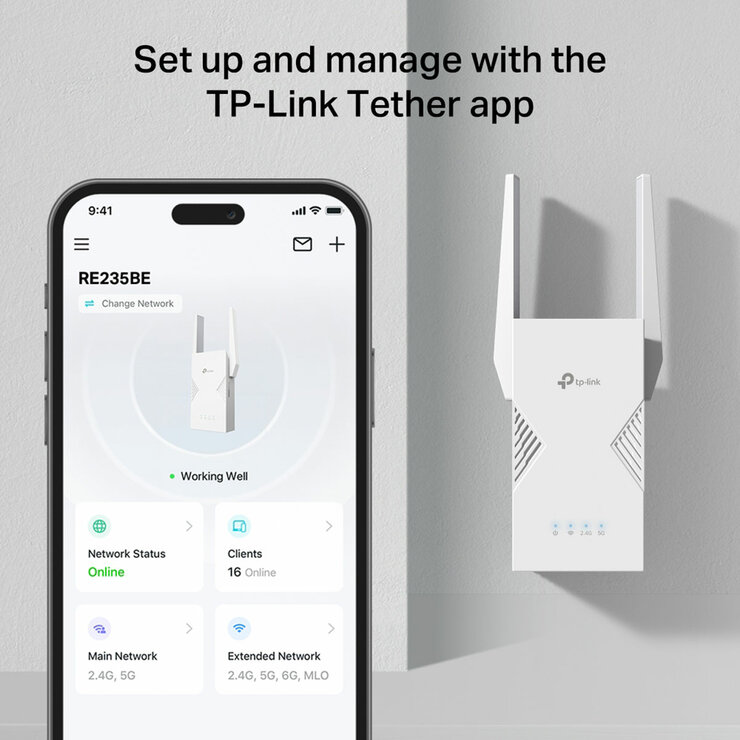TP Link Dual-band WiFi 7 Range Extender, RE235BE