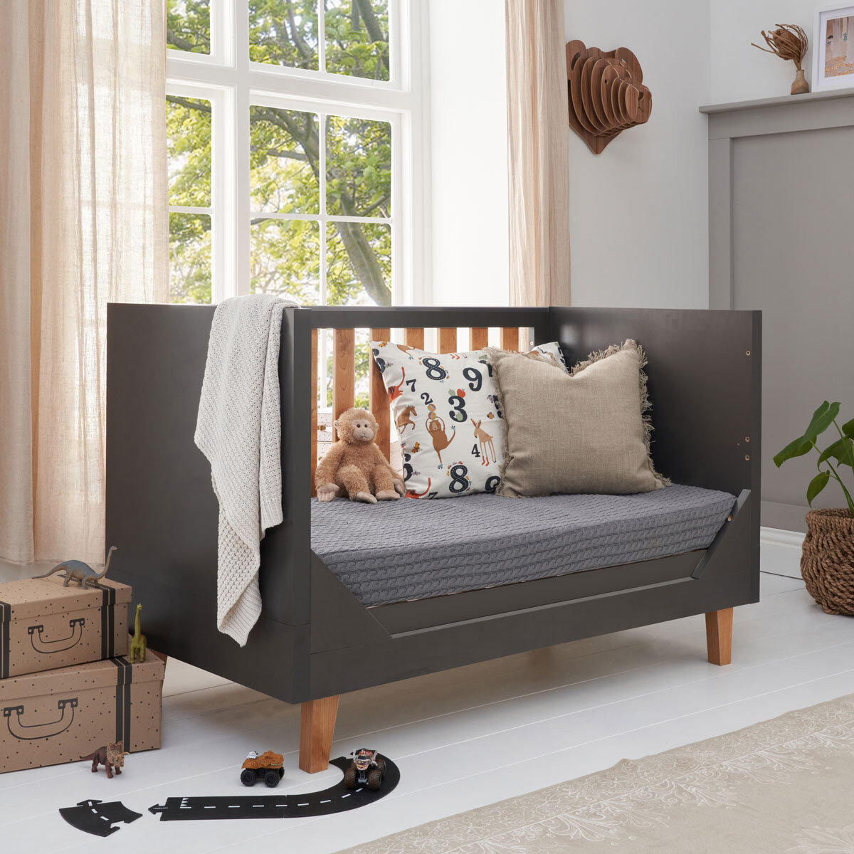 Tutti Bambini Como Cot with Sprung Mattress, Slate Grey and Rosewood