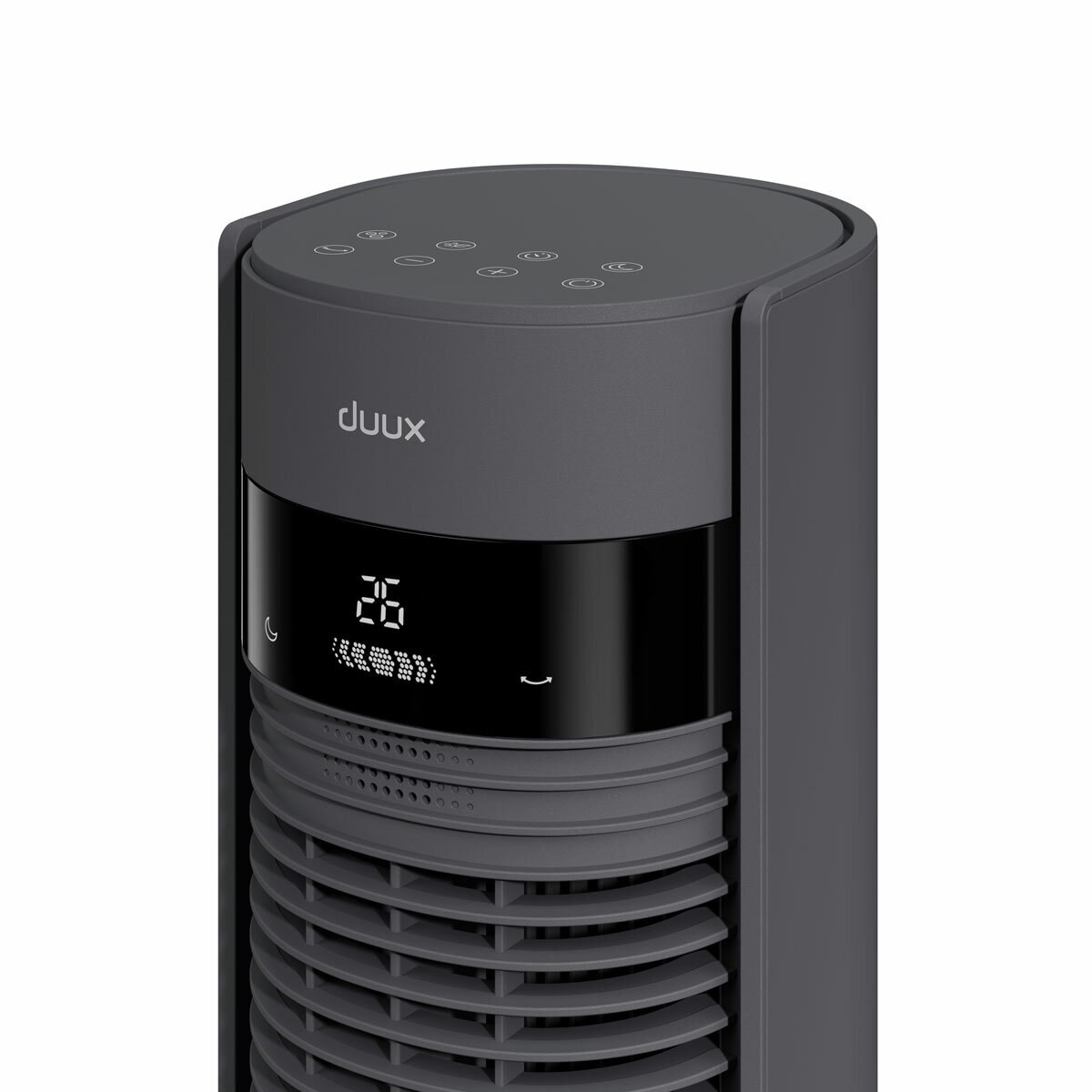 Close up of Duux Elevate Tower Fan's controls and display