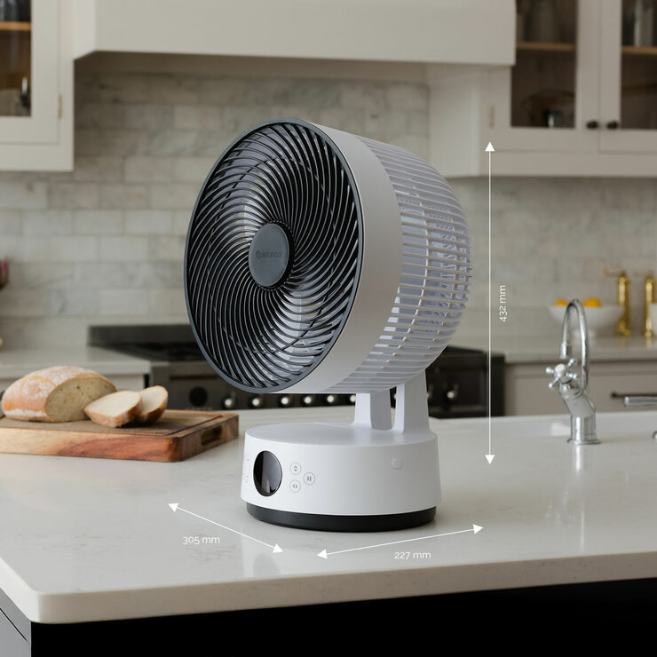 Descriptive Image of Meaco Sefte Fan with dimensions
