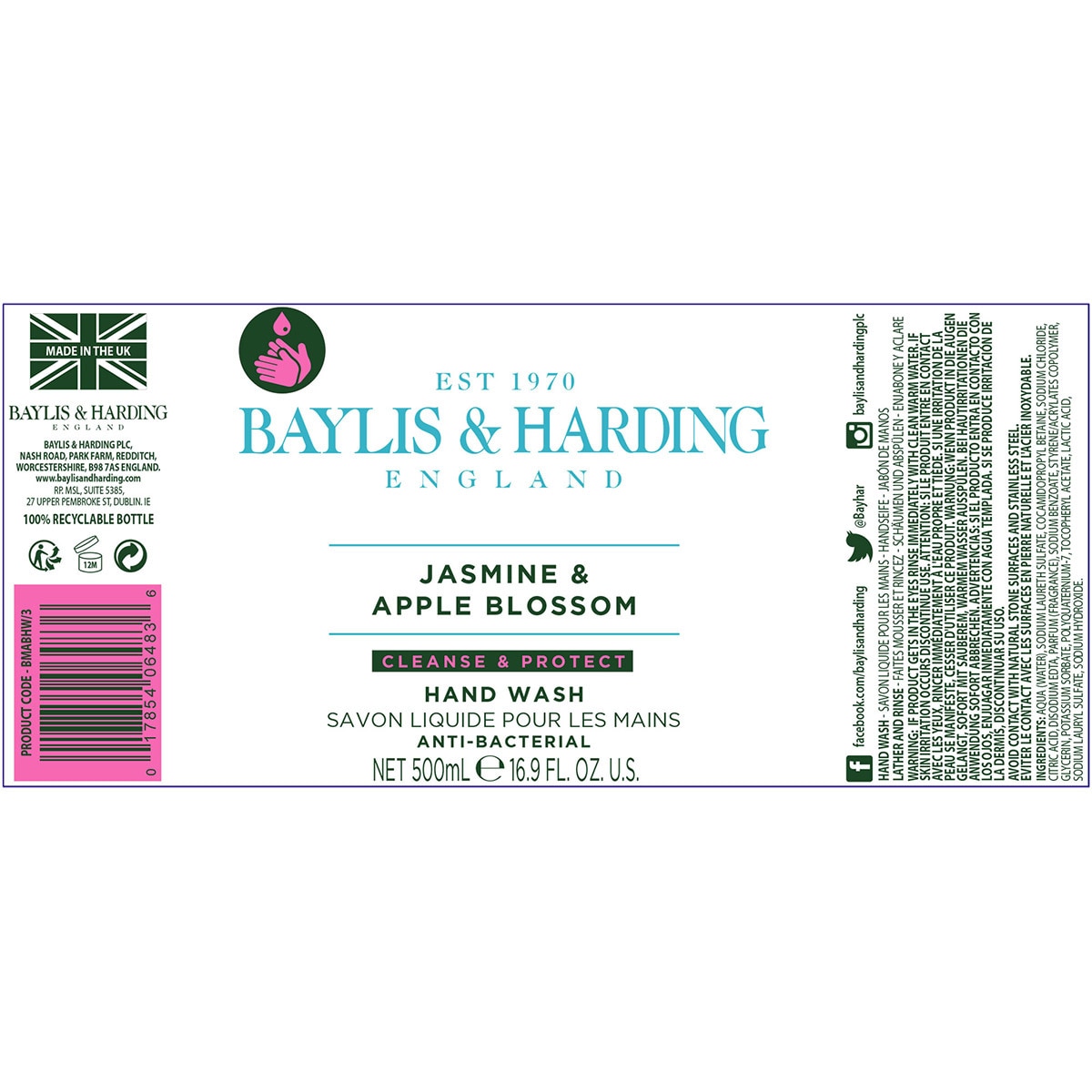 Baylis & Harding Anti-Bacterial Jasmine & Apple Blossom Hand Wash, 4 x 500ml