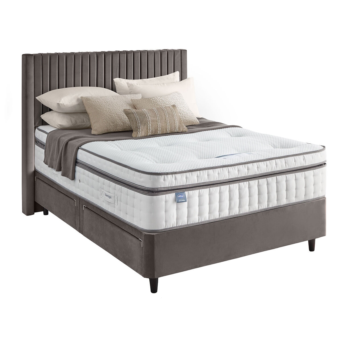 Silentnight Velvet 4 Drawer Divan Base with Slumber Headboard in Charcoal & 3 Sizes
