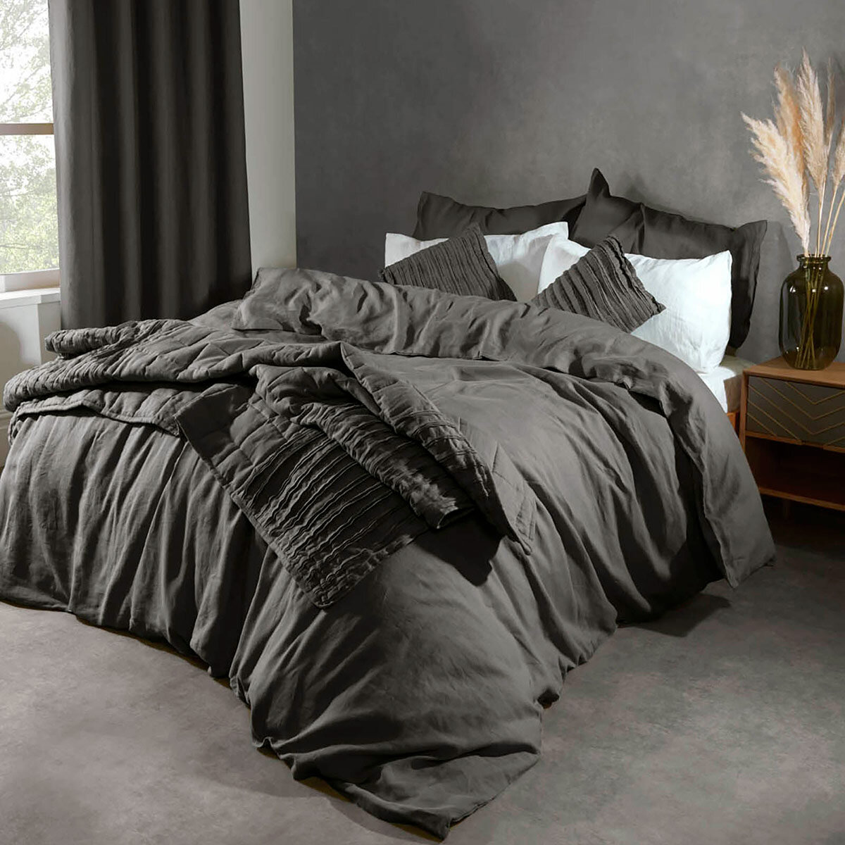 Lazy Linen 100% Washed Linen Charcoal Duvet Cover & Pillowcase Set in 4 Sizes 