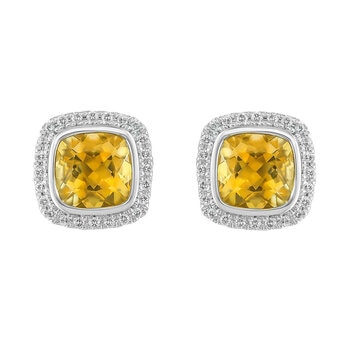 Cushion Cut Citrine & 0.23ctw Diamond Stud Earrings, 14ct White Gold