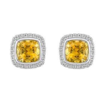 Cushion Cut Citrine & 0.23ctw Diamond Stud Earrings, 14ct White Gold