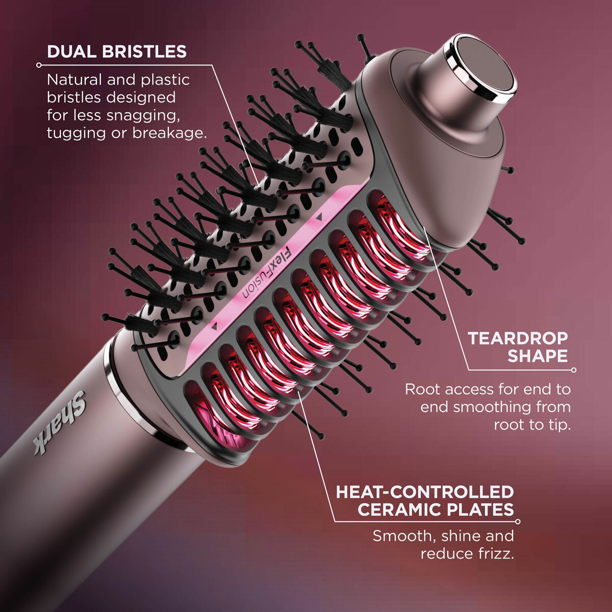 Lifestyle image of Shark FlexFusion 4 in 1 Air Styler with dual bristles, teardrop shape and heat controlled ceramic plates