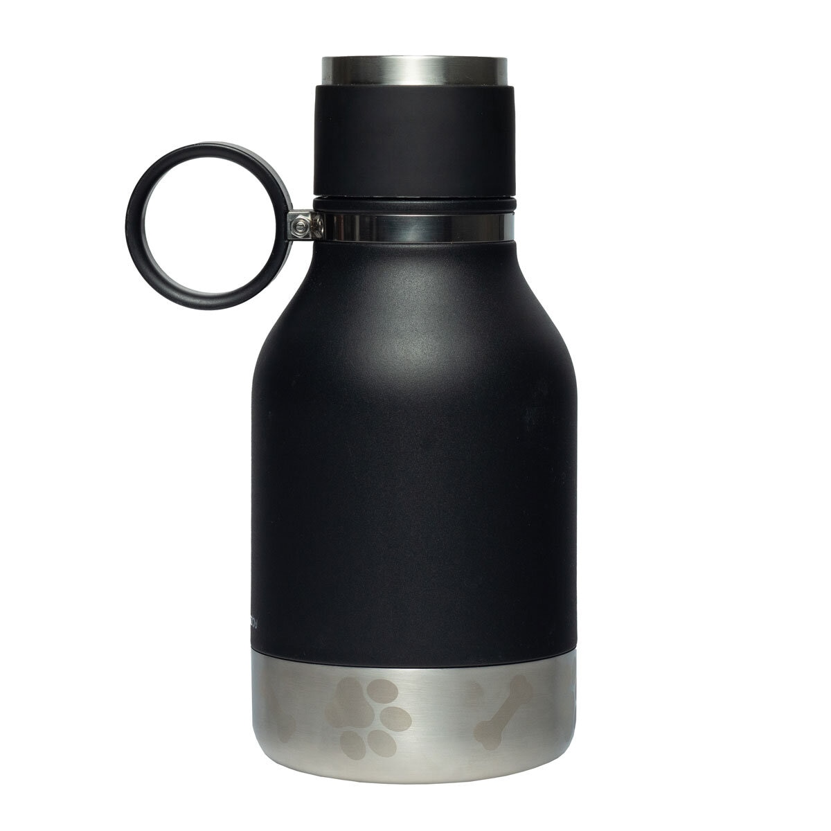 Back of Black and Stainless Steel Bottle