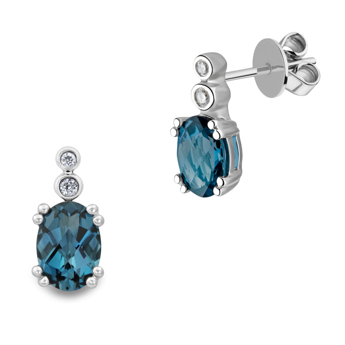 Oval Cut Blue Topaz & 0.05ctw Diamond Earrings, 18ct White Gold