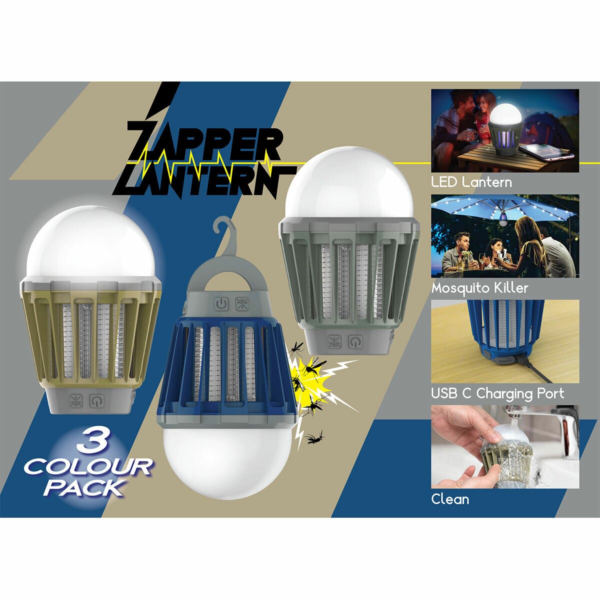 Lifestyle image showing the features of the zapper & lantern. Lifestyle image showing the features of the zapper & lantern.