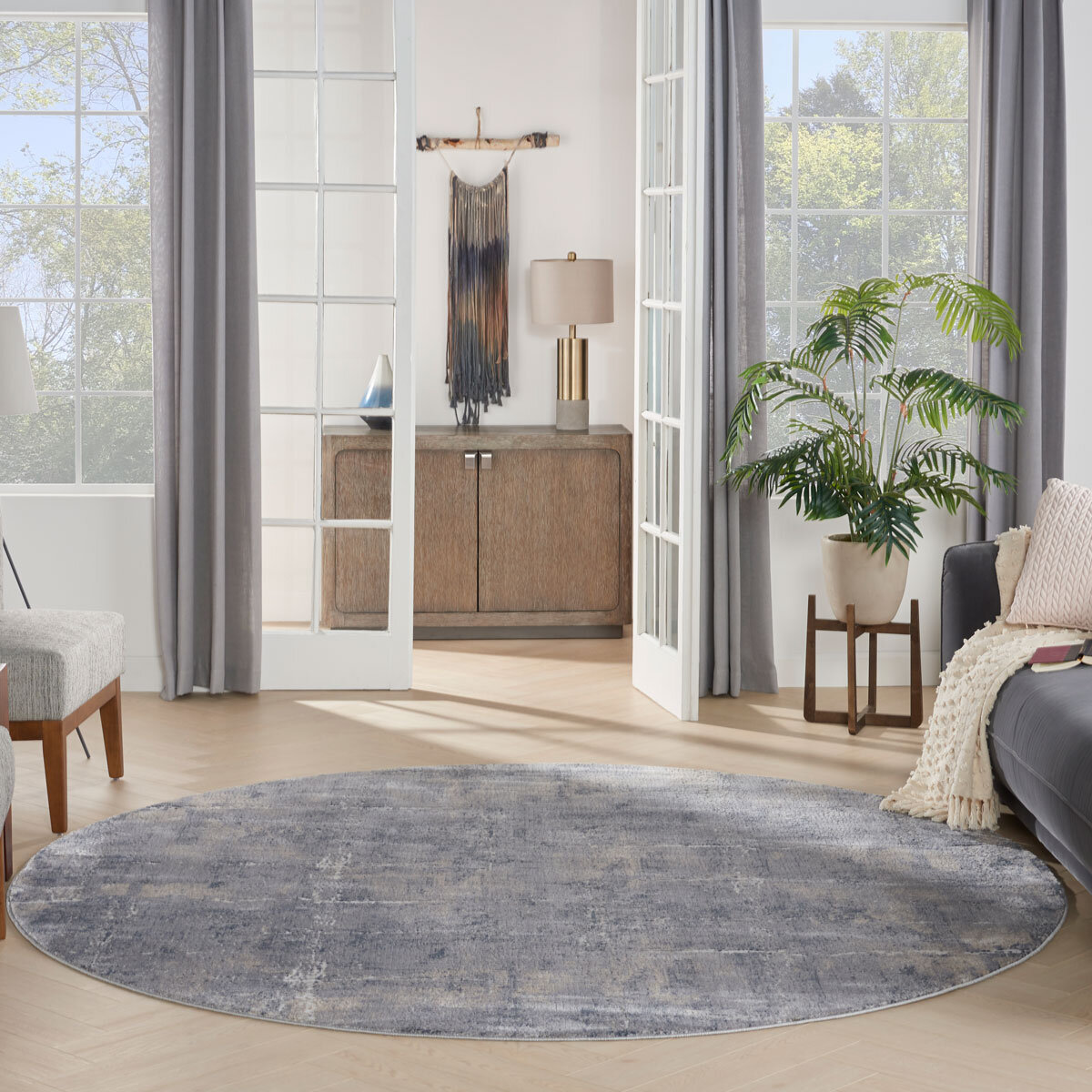 Rustic Textures Faded Blue Circle Rug