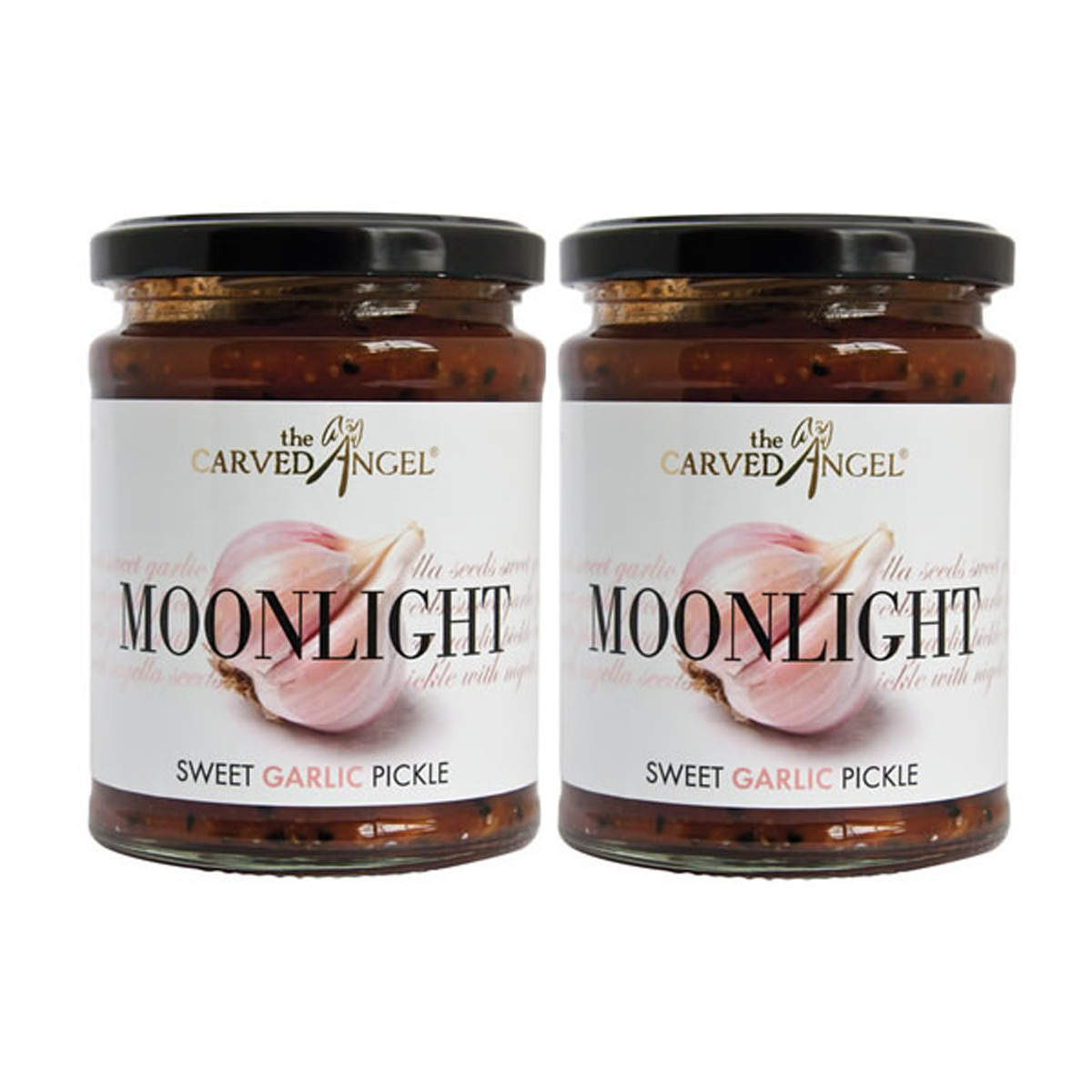 The Carved Angel Moonlight Sweet Garlic Pickle Dual, 2 x 325g Front of Jars