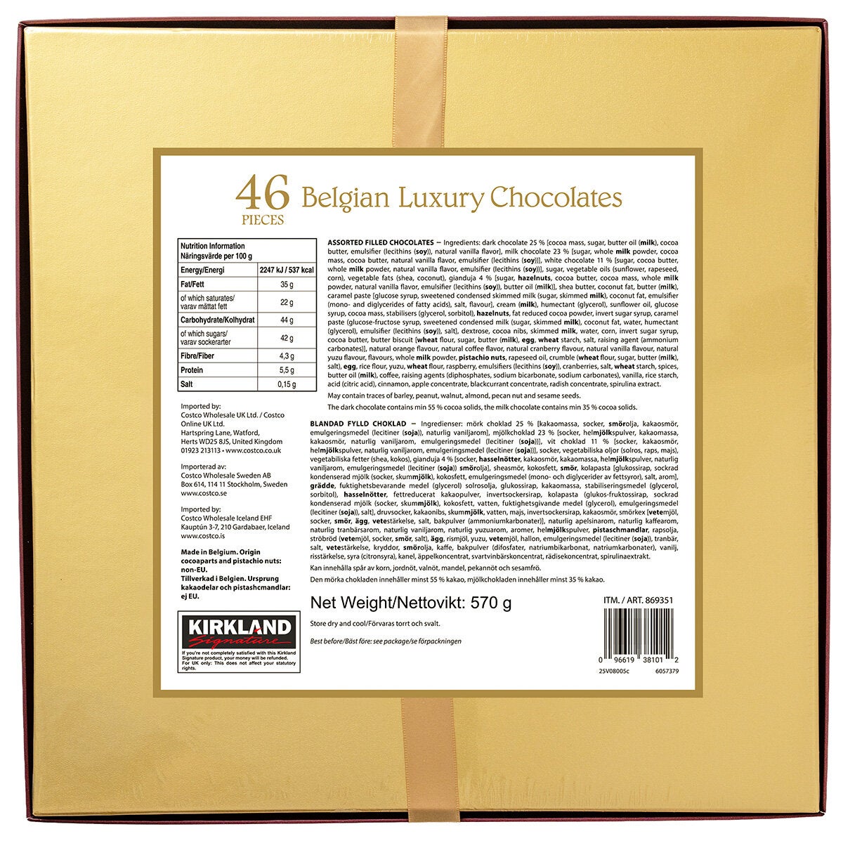 Kirkland Signature Luxury Belgian Chocolates in Gold Gift Box, 570g Kirkland Signature Luxury Belgian Chocolates in Gold Gift Box, 570g