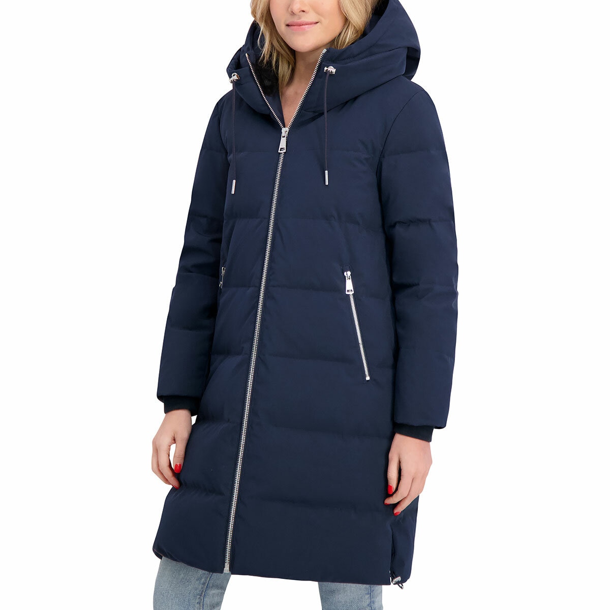 DKNY Ladies Long Down Coat with Hood in Navy